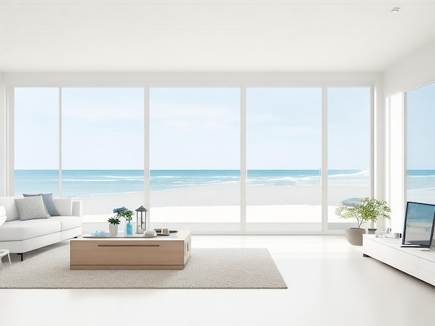 Sea view living room interior in modern beach house 3D rendering