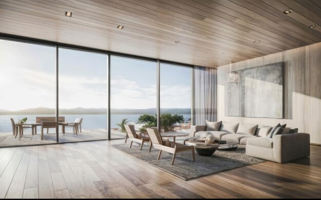 Sea view living room with wooden floor and empty white wall background in luxury beach house