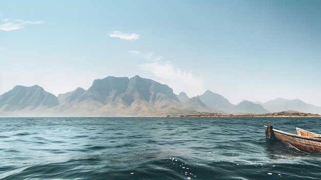 아프리카 산맥의 배경에 고립 된 바다의 한가운데의 바다 풍경
