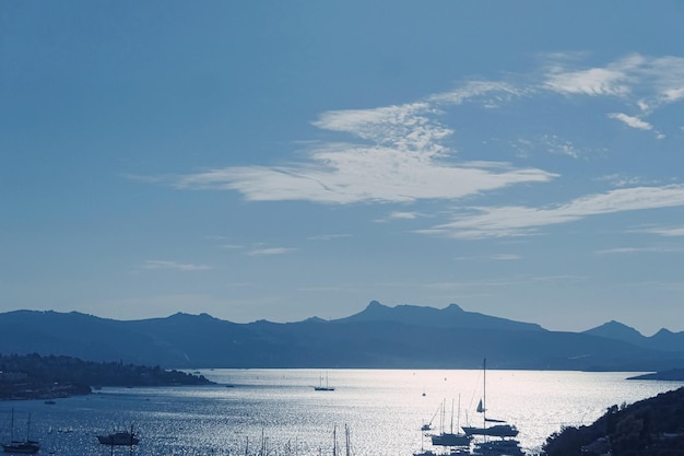 日没時の地中海の海の景色と山々 夏休み旅行と休日の目的地