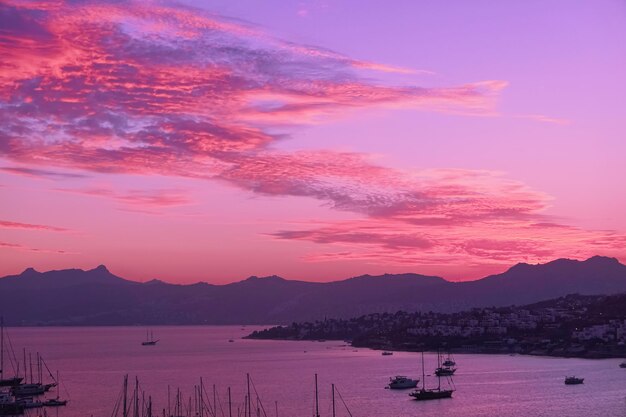 Sea view and mountains in the mediterranean at sunset summer vacation travel and holiday destination