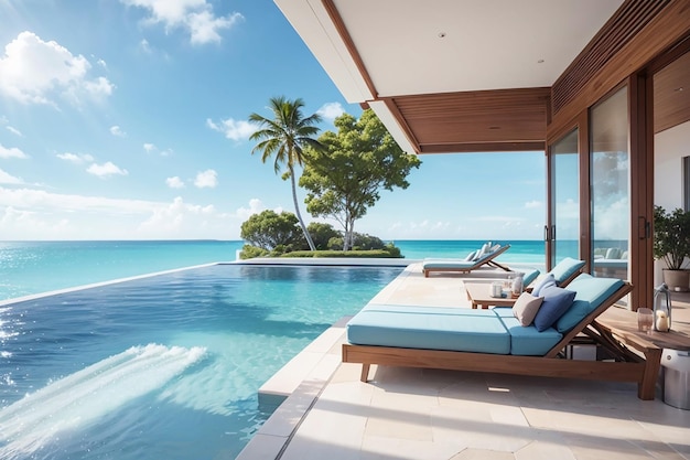 Sea view swimming pool beside terrace and bed in modern luxury beach house with blue sky