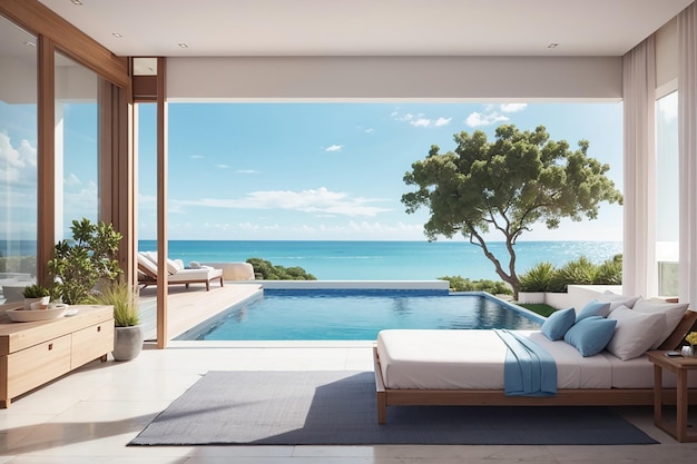Бассейн с видом на море рядом с террасой и кроватью в современном роскошном пляжном домике с голубым небом