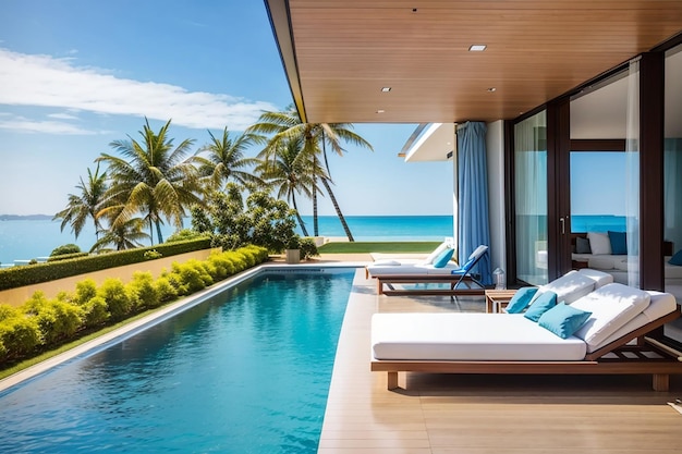 Sea view swimming pool beside terrace and bed in modern luxury beach house with blue sky