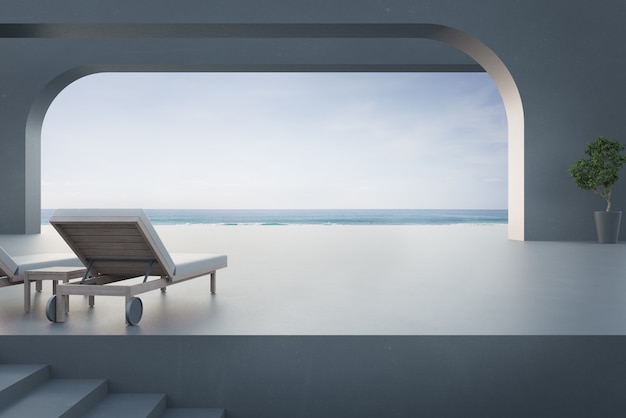 Photo sea view terrace and bed in modern luxury beach house with blue sky.