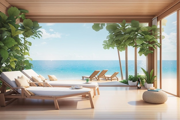 Вид на море с пляжным салоном для отдыха в 3D-рендеринге