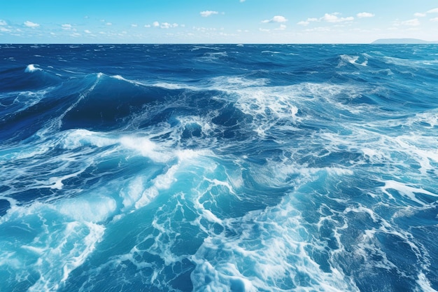 Sea water and blue sky with clouds Sea waves Nature background Atlantic ocean with blue water on a sunny day Waves foam and wake caused by cruise ship in the sea AI Generated