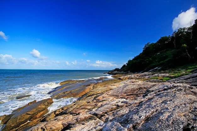 Sea water, mountains and blue skies