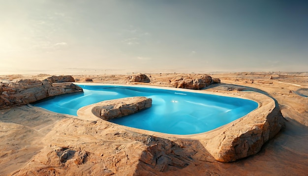 Бассейн с морской водой посреди песчаной пустыни Отдых в оазисе Пустынный пейзаж на закате с бассейном 3D иллюстрация
