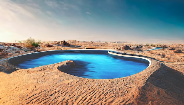 sea water pool in the middle of a sandy desert rest in an oasis desert landscape at sunset with a swimming pool 3d illustration