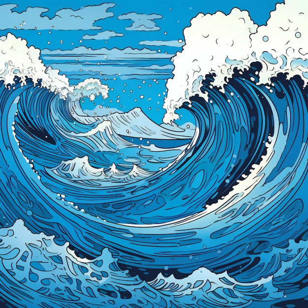 Sea wave with blue sky and clouds Hand drawn