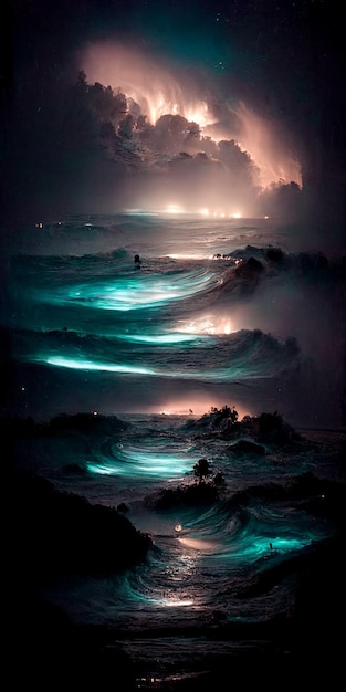 A sea wave with a light on it