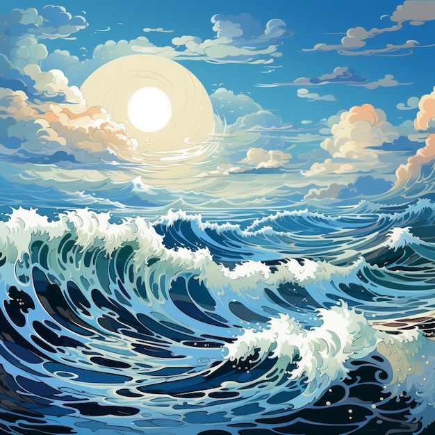 sea wave with sunset background illustration