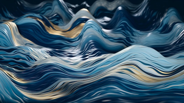 Sea waves pattern abstract background blue and gold volumetric waves texture imitation of watercolor painting Generative AI