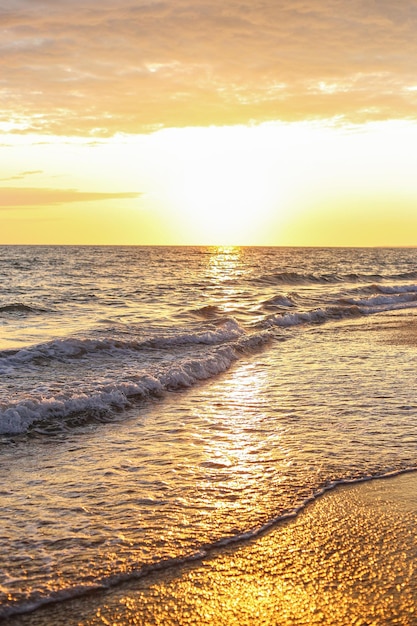 夕焼けの夕方、砂浜に海岸の海の波がこぼれる