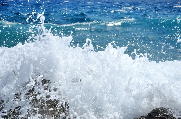 写真 海の波が岩の海岸線に飛び交う