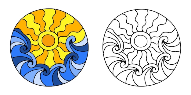 Sea waves and sun Round coloring page with colored example filled with hand drawn doodle motifs in a circle isolated on white background Vector illustration
