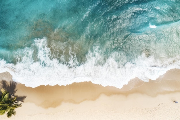 Photo sea waves with white foam yellow sandy beach with blue waves palm trees view from a height photo of beach from a drone summer sunny atmosphere