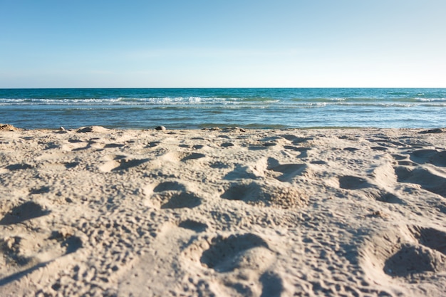 Mare con la natura della sabbia della spiaggia e del cielo blu.