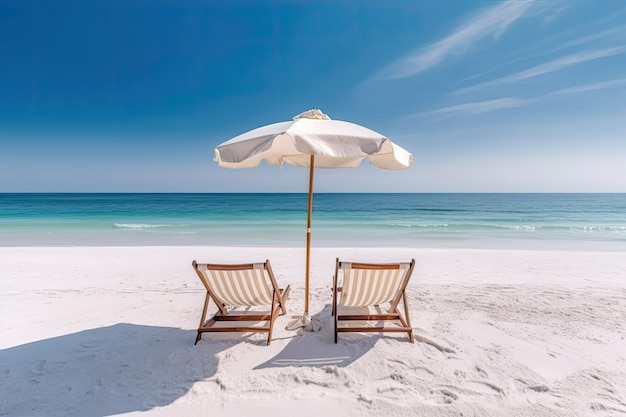 The sea with blue sky white sand chairs and umbrella