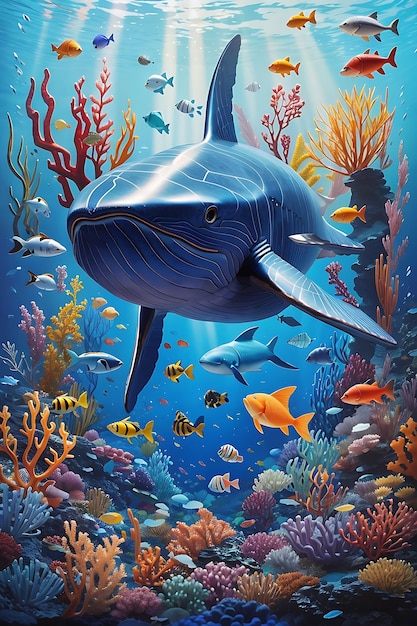 under the sea with a blue whale and colorful fish