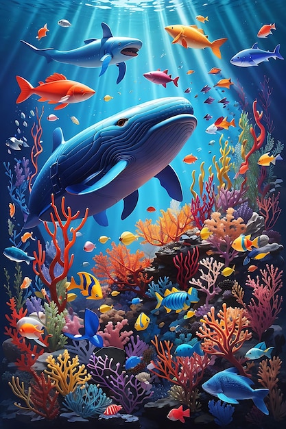 under the sea with a blue whale and colorful fish