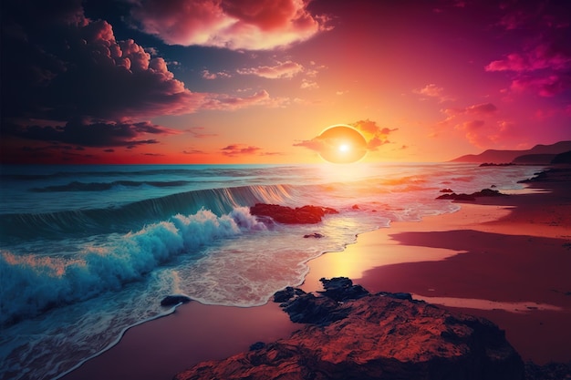 Море с потрясающим закатом Фантастическая волшебная иллюстрация AI