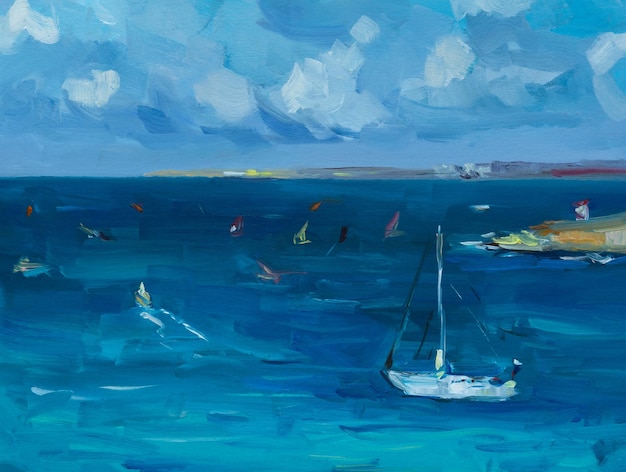海のヨットの油絵積雲と抽象的な青い海の風景帆船印象派