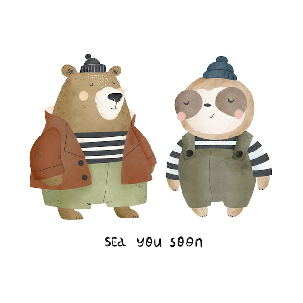 sea you soon cartoon animals sailors hand drawing lettering