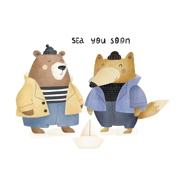 sea you soon cartoon animals sailors hand drawing lettering
