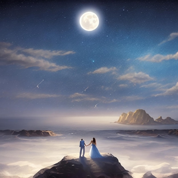 seabeach ocean moon galaxy clouds couples holding hands