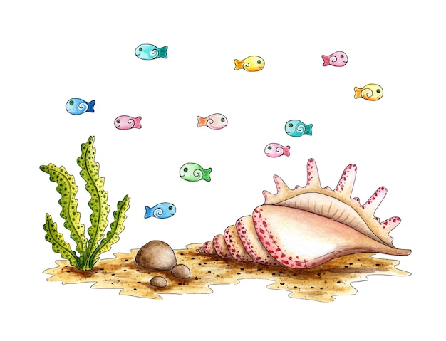 Seabed and fish watercolor