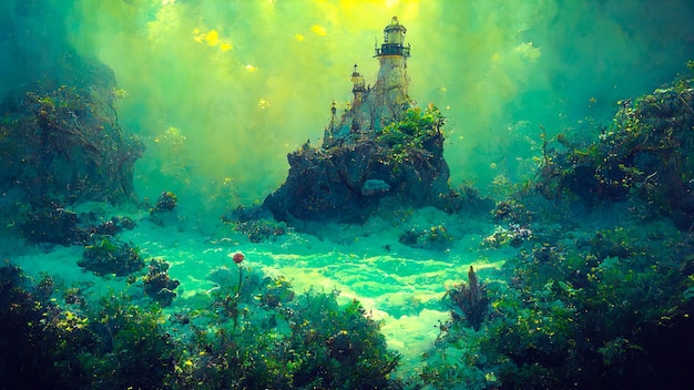 Seabed landscape with algae and vegetation of super bright colors in fantasy style