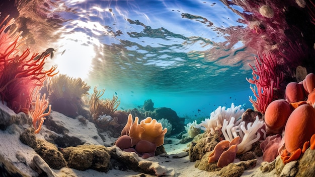 珊瑚と魚の群れが生息する海底