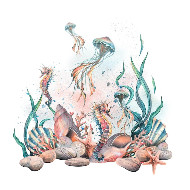 The seabed with corals shells algae pebbles starfish jellyfish and seahorses Watercolor illustration Composition for the decoration and design of the beach menus postcards posters