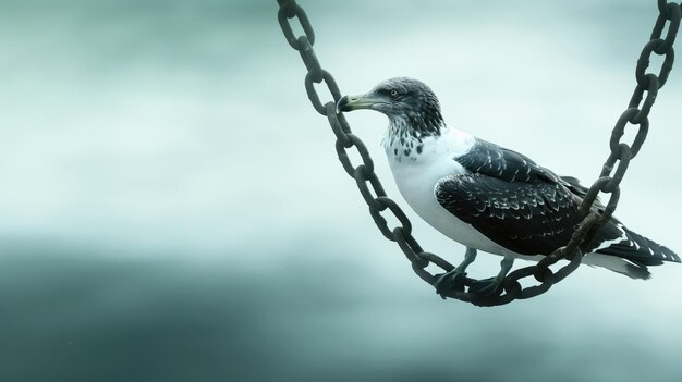 Photo seabird perched calmly on a metal chain with a cool toned backdrop