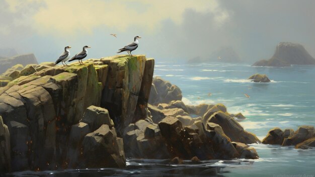 Seabirds perched on rocks