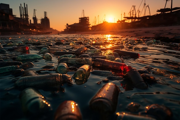 Побережье испорчено выброшенным пластиком и мусором, олицетворяющими ужасные последствия загрязнения пляжа