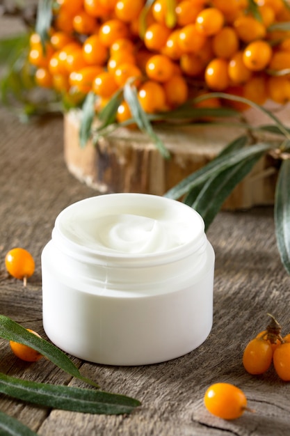 Seabuckthorn berries branch and cream