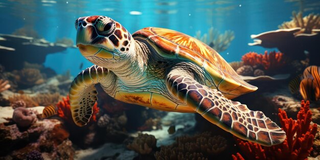 Seafaring turtle amongst colorful coral reefs