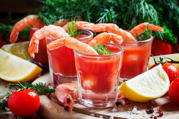 Seafood appetizer shrimp with tomato sauce herbs and spices selective focus