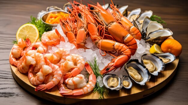 Seafood artfully arranged on shaved ice