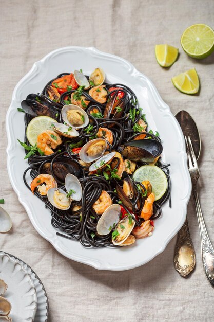 Seafood black spaghetti with clams, prawns, sea scallops