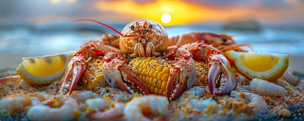 Photo a seafood boil on the beach with fresh lobster wallpaper