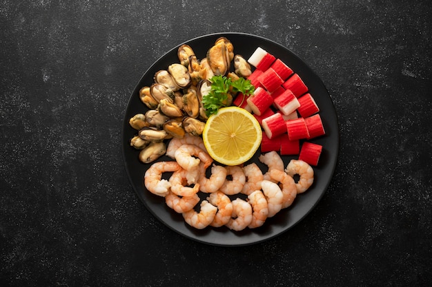 Seafood charcuterie plate board with shrimps dark background top view