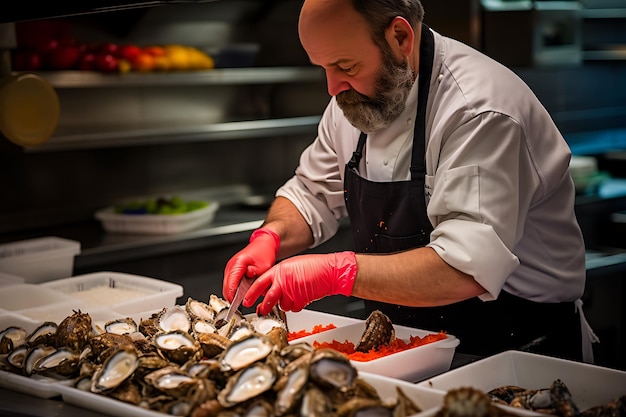 Seafood cleaning process in the kitchen