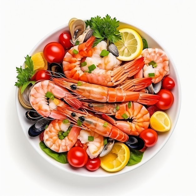 Seafood cuisine dish food in plate top view isolated on white background