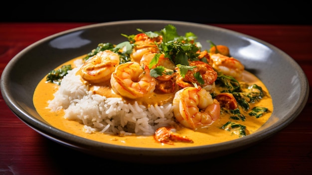 A seafood curry featuring tender chunks of white fish shrimp and aromatic spices