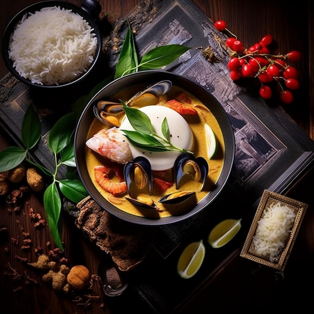 A seafood curry menu design with an enticing photograph of a spicy coconut fish curry with rice
