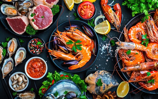 Морские блюда Радость разнообразие свежих морских блюд Выбор на темном фоне